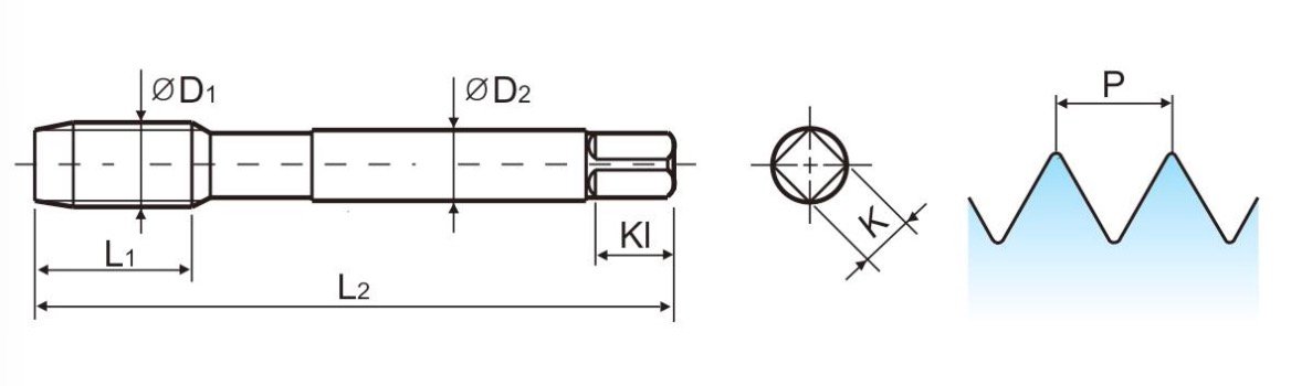 Tap dimension diagram showing diameter, thread pitch, overall length and shank dimensions
